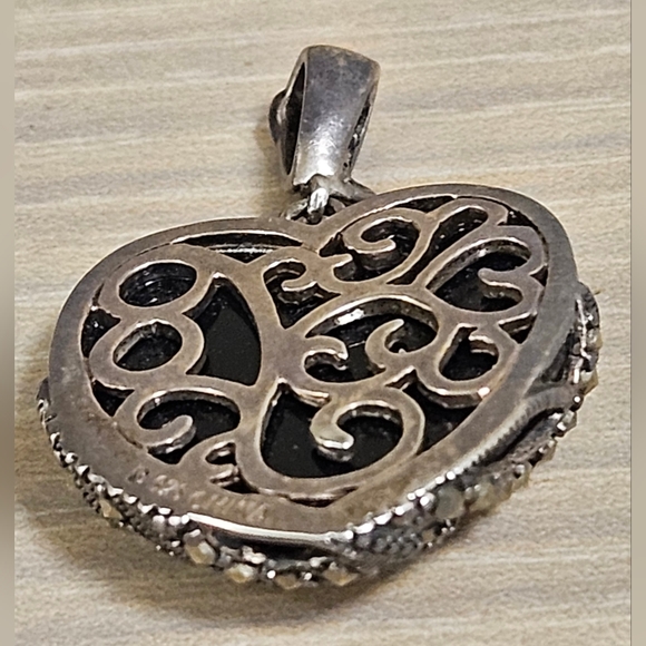 Onyx & Marcasite 3D Heart 925 Sterling Silver Pendant $245 - Picture 9 of 14